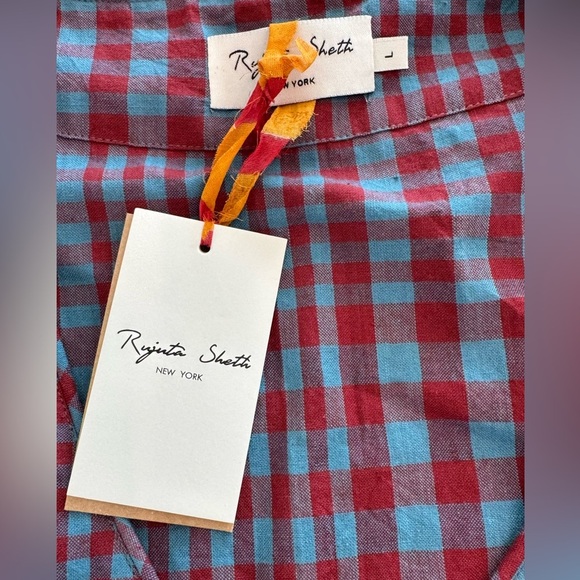 RUJUTA SHETH 100% Handwoven Cotton Carmen Vest Beacon Chex Red Blue Large NWT - Picture 7 of 11